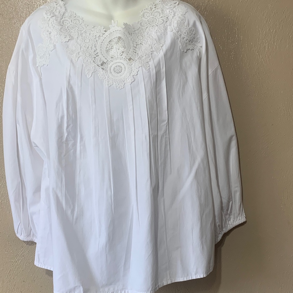 June + Vie size 10/12 White Lace Yoke Peasant Blouse Back Pleated